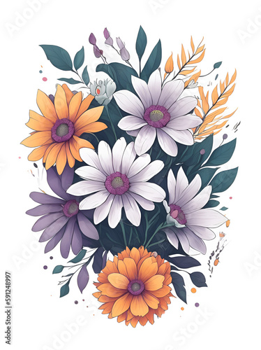 Painted colorful watercolor flowers. AI generated illustration