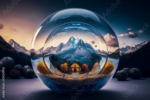 Paysage de montagne dans une bulle - Pr  servation de la nature et de l environnement - G  n  rative IA