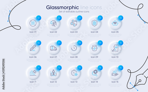 Set of Coronavirus research, Freezing timer and Charge battery line icons for web app. Decreasing graph, Ambulance car, Fingerprint icons. Qr code, Vaccine announcement, Time signs. Vector