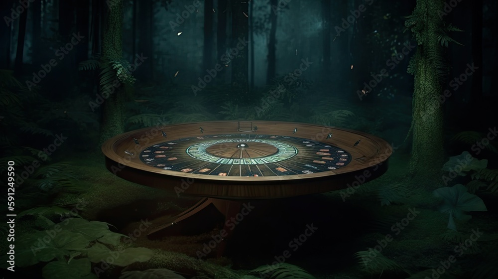 A casino roulette inside a dark mysterious forest - AI Generated