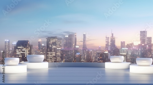 3D display podium. City skyline 3D background  rooftop podium display with panoramic views of skyscrapers and city lights. Urban setting for cosmetic product presentation. Generative ai.