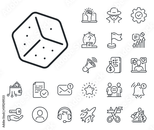 Board game cube sign. Salaryman, gender equality and alert bell outline icons. Dice line icon. Casino gambling symbol. Dice line sign. Spy or profile placeholder icon. Online support, strike. Vector