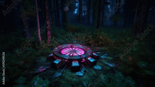 A casino roulette inside a dark mysterious forest