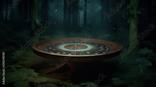 A casino roulette inside a dark mysterious forest - AI Generated