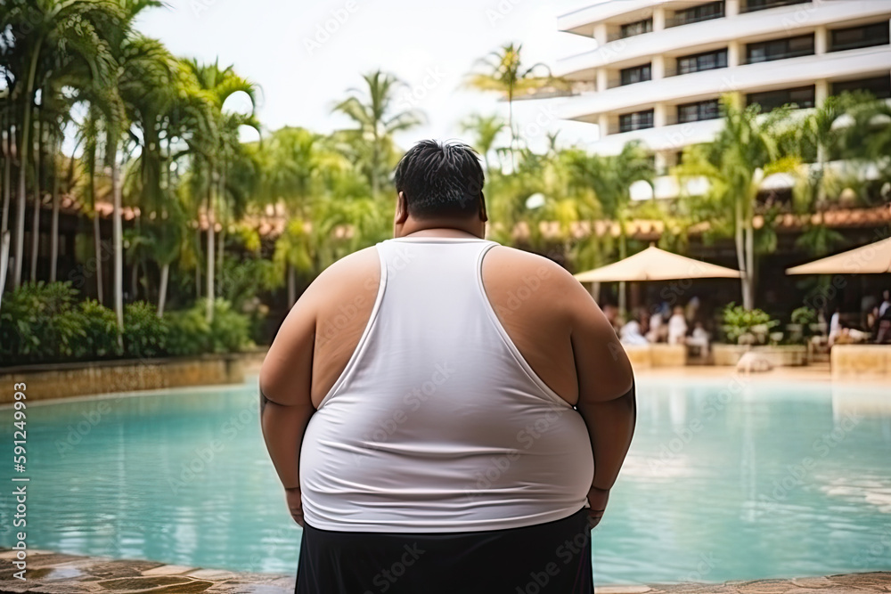 Back view of fat man with overweight standing near swimming pool at ...