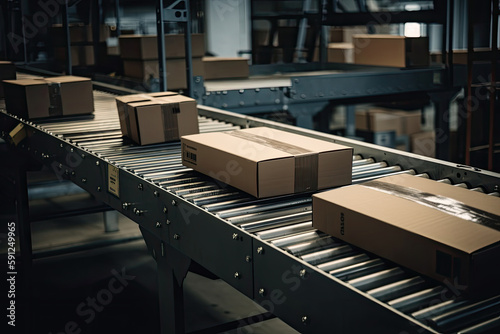 Cardboard boxes on conveyor belt in warehouse. Automatic production line. Logistic and shipment. Created with Generative AI © Lazy_Bear