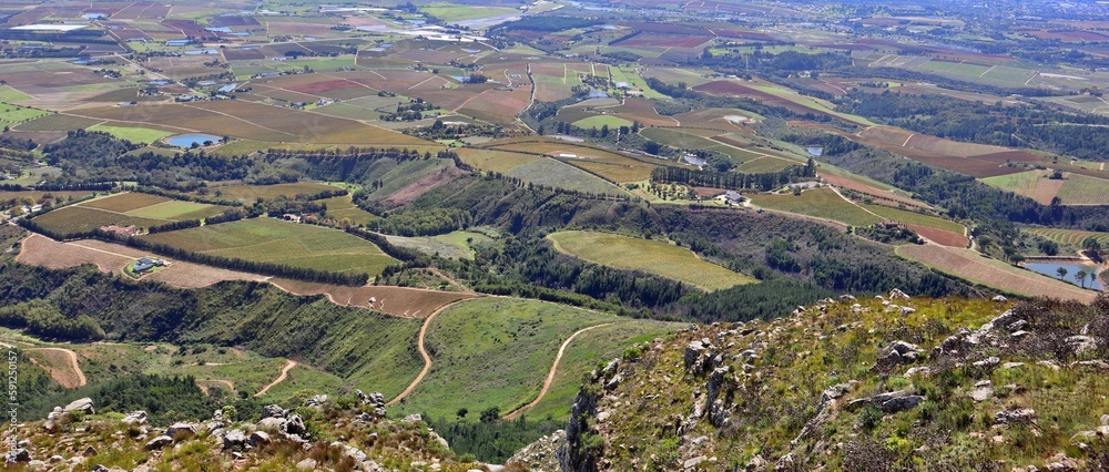 wine farms aerial view  from the mountains in Stellenbosch, Cape Town, South Africa 