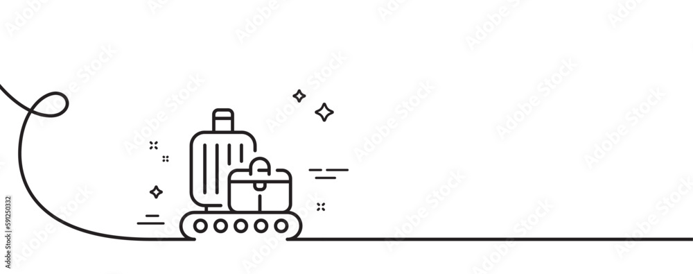 Baggage belt line icon. Continuous one line with curl. Travel bag claim sign. Handbag luggage symbol. Baggage belt single outline ribbon. Loop curve pattern. Vector Baggage belt line icon. Continuous one line with curl. Travel bag claim sign. Handbag luggage symbol. Baggage belt single outline ribbon. Loop curve pattern. Vector