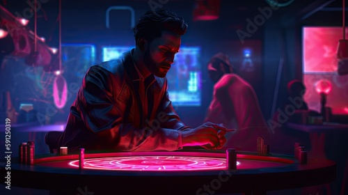 An illustration of a man playing casino roulette inside a futuristic casino