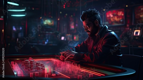 An illustration of a man playing casino roulette inside a futuristic casino