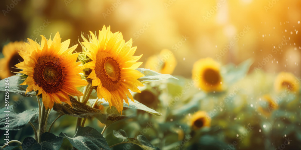 Fototapeta premium Sunflowers. Sunflowers field. Beautiful Sunflowers on a blurred summer nature background. Sunflowers Background for greeting card for Birthday, Fathers Day, Mother's day. Generative ai illustration