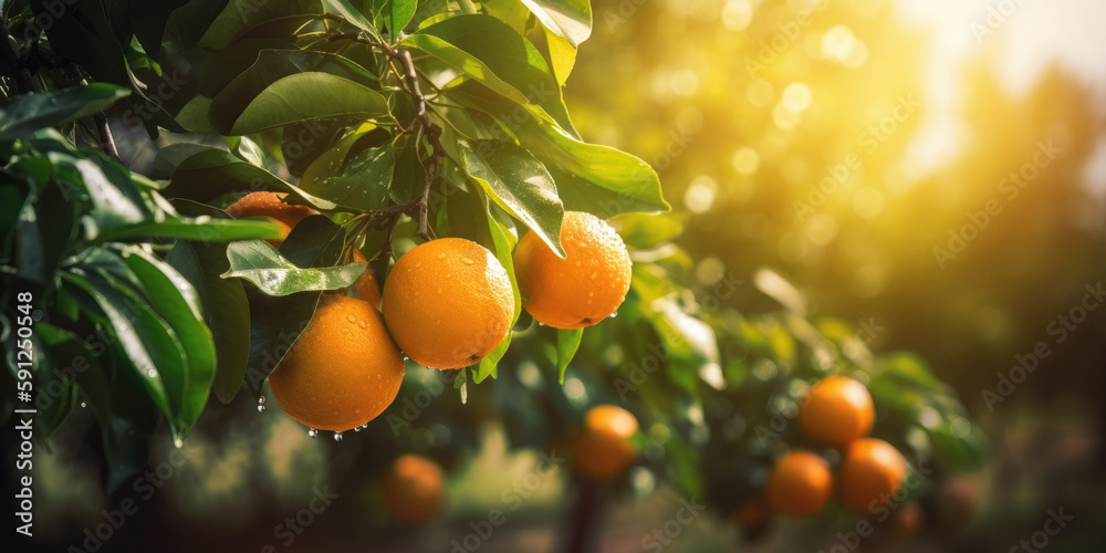 Ripe oranges hanging on a orange tree in garden. Fresh juicy oranges on a oranges tree branches, blurred background, copy space. Generative ai illustration