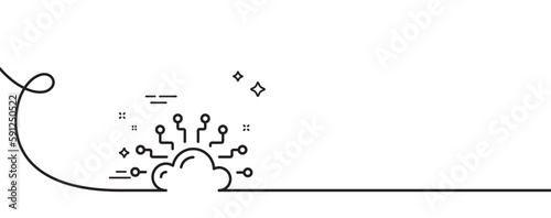 Cloud computing network line icon. Continuous one line with curl. Internet data storage sign. File hosting technology symbol. Cloud network single outline ribbon. Loop curve pattern. Vector