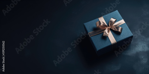 Gift box, top view. Elegant blue present box with golden bow on a dark blue background, copy space. Background for greeting card for Birthday, Fathers Day, Mother's Day. Generative ai illustration