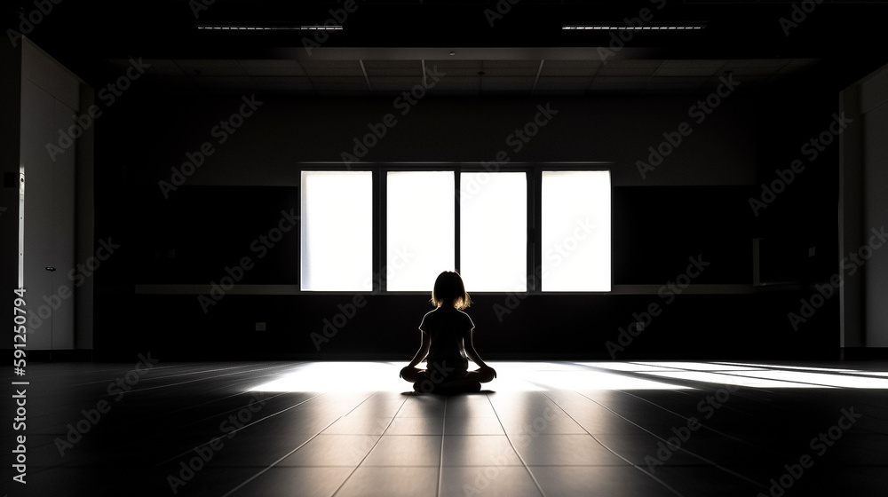 A person practicing mindfulness in quiet, empty, room with their back to the camera A person practicing mindfulness in quiet, empty, room with their back to the camera