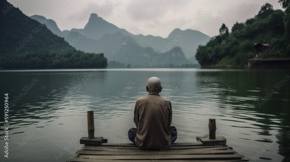 A person practicing mindfulness overlooking a lake with mountains in the background, back to the camera