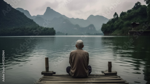 A person practicing mindfulness overlooking a lake with mountains in the background  back to the camera
