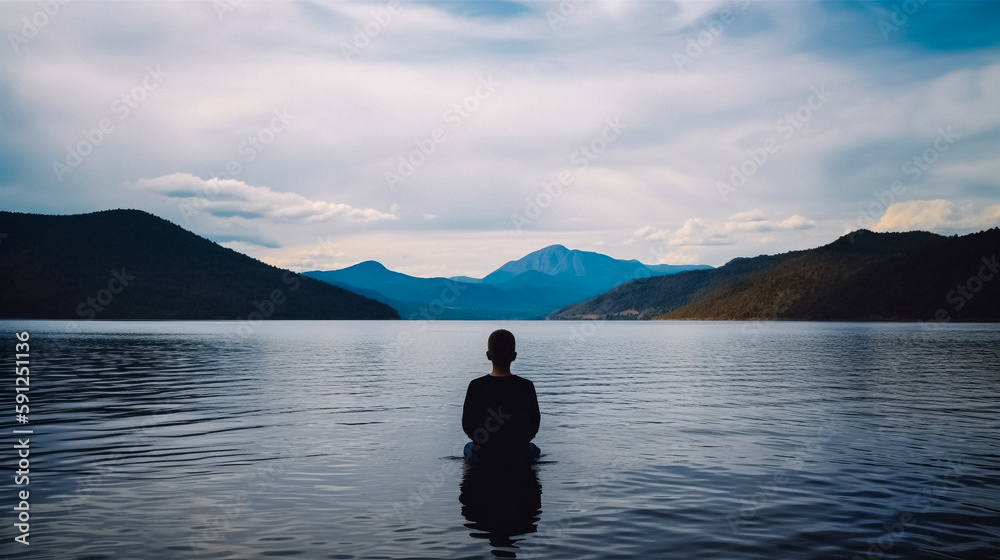 A person practicing mindfulness overlooking a mountain lake with their back to the camera