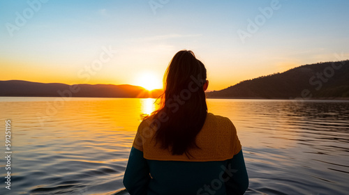 A woman practicing mindfulness overlooking a large lake at sunset, with their back to the camera