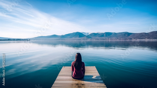 A person sitting on a wood pier practicing mindfulness overlooking a large lake with their back to the camera
