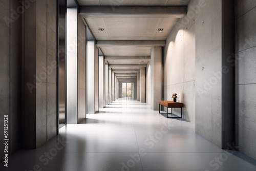 Modern concrete corridor interior with empty mock up place on wall  pillars and daylight. AI generated