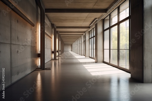 Modern concrete corridor interior with empty mock up place on wall, pillars and daylight. AI generated © yuliachupina