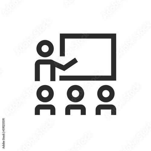 Person at the blackboard and the audience, linear style icon. People looking at the presentation, teaching. Editable stroke width