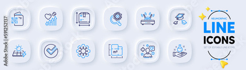 Throw hats, Floor plan and Solar panels line icons for web app. Pack of Qr code, Box size, Execute pictogram icons. Verify, Patient, Wifi signs. Heart beat, Coronavirus research, Chemistry lab. Vector