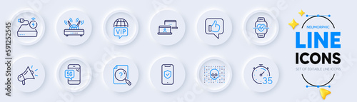 Outsource work, Megaphone and Cyber attack line icons for web app. Pack of Like, Vip internet, Phone protection pictogram icons. Wifi, Power bank, 5g phone signs. Search document. Vector