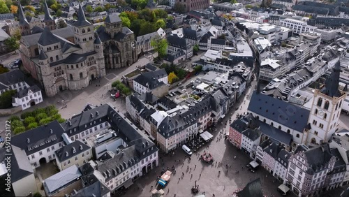 Aerial Drone Shot of the City Center in Trier, Rheinland-Pfalz. Autumn day in Famous German city photo