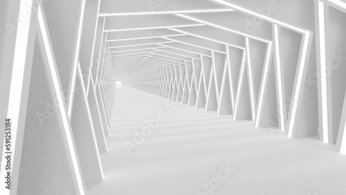 White futuristic tunnel leading to light. Modern style abstract 3d rendered background.