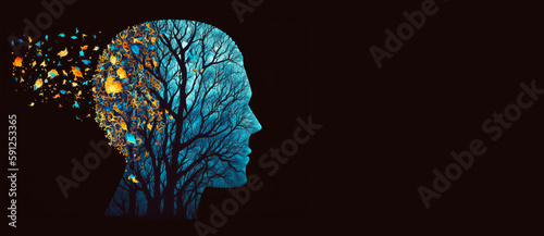 Symbol of memory loss due to dementia, alzheimer. Illustration of a human head with a brain made of withered falling autumn leaves. World mental health day. World Parkinson day concept. Generative ai. photo