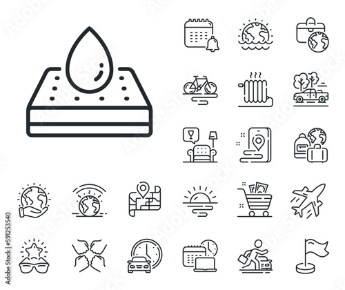 Orthopedic pad sign. Plane jet, travel map and baggage claim outline icons. Waterproof mattress protector line icon. Breathable sleep bed symbol. Waterproof mattress line sign. Vector