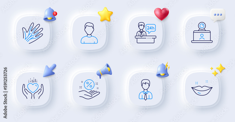Headshot, Veins and Lips line icons. Buttons with 3d bell, chat speech, cursor. Pack of Loan percent, Reception desk, Businessman icon. Video conference, Hold heart pictogram. Vector Headshot, Veins and Lips line icons. Buttons with 3d bell, chat speech, cursor. Pack of Loan percent, Reception desk, Businessman icon. Video conference, Hold heart pictogram. Vector