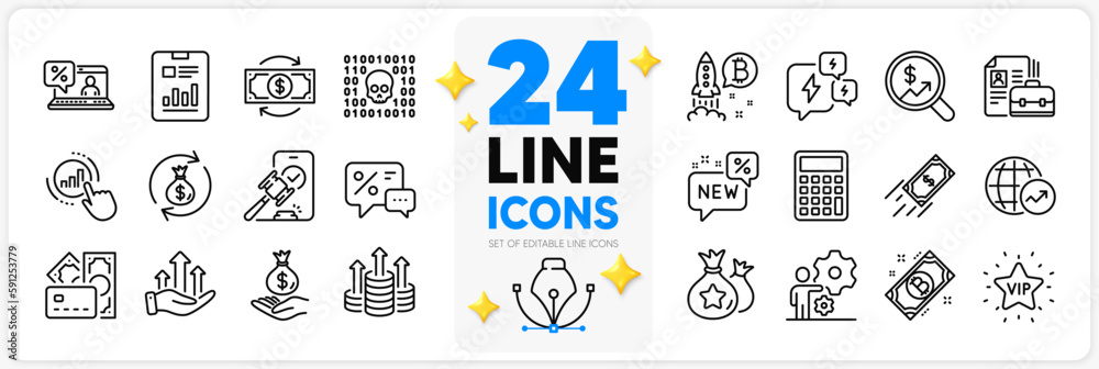 Icons set of Job, Currency audit and Fast payment line icons pack for app with Money, Report document, Online loan thin outline icon. Bitcoin, World statistics, New pictogram. Vector