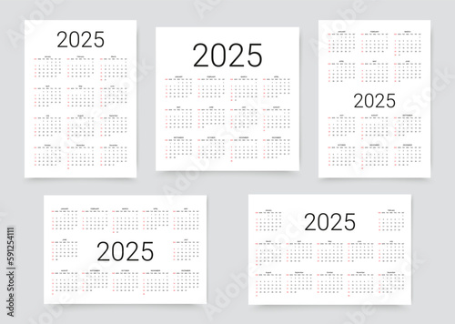 2025 calendar. Calender layout. Desk planner template. Week starts Sunday. Yearly organizer grid with 12 months. Vector illustration. Pocket or wall formats in English. Simple design.