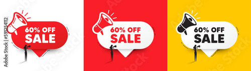 Sale 60 percent off discount. Speech bubble with megaphone and woman silhouette. Promotion price offer sign. Retail badge symbol. Sale chat speech message. Woman with megaphone. Vector