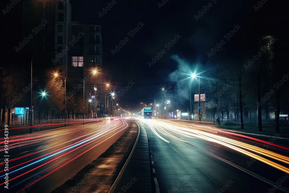 light trails of city cars at night, colorful curves. Generative AI.