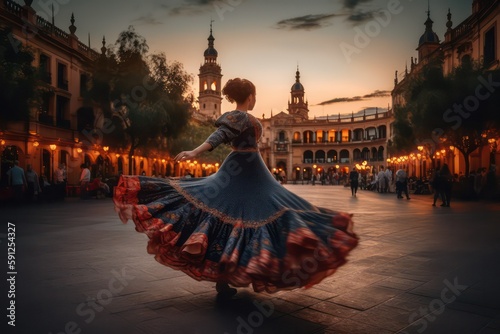 Flamenco dancer performing passionately in city square at sunset, traditional Spanish dance, vibrant colors, generative ai photo