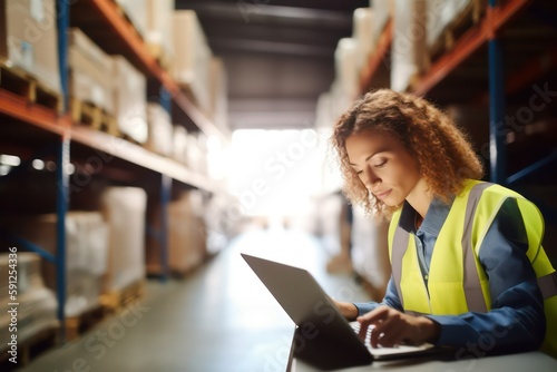 Female African American logistics coordinator in warehouse, using laptop to manage inventory, track shipments, optimizing the supply chain process for efficient distribution, delivery, generative ai photo