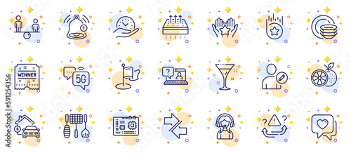 Outline set of Heart, Loyalty star and Orange line icons for web app. Include 5g internet, Motherboard, Ranking pictogram icons. Dishes, Edit user, Attention signs. Faq, Milestone, Synchronize. Vector