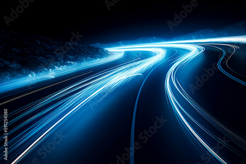 light trails of city cars at night, colorful curves. Generative AI.