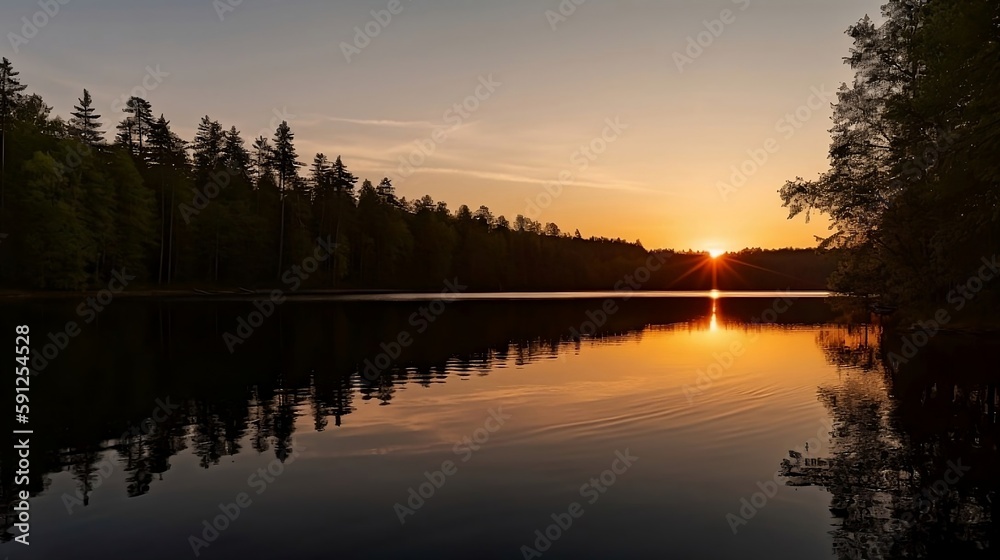 Fototapeta premium Captivating Colors - A Sunset Over a Calm Lake in the Forest