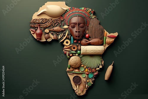 Africa map mosaic  map of africa made from objects of african culture  black history  Generative AI