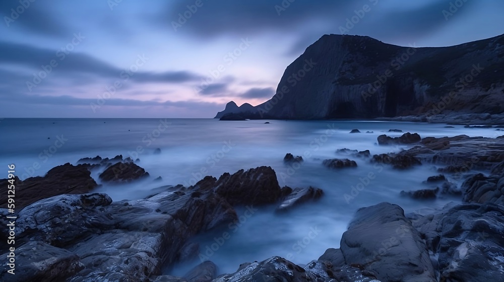 Breathtaking Coastal View - A Stunning Blue Hour Shot of Rugged Cliffs and Calm Waters