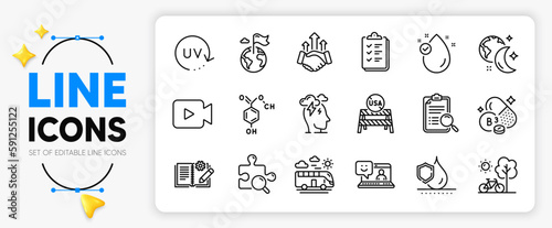 Video camera, Vitamin e and Sleep line icons set for app include Uv protection, Bicycle, Usa close borders outline thin icon. Chemical formula, Bus travel, Stress pictogram icon. Vector