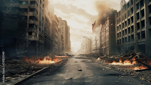 Destroyed burning city after the explosion