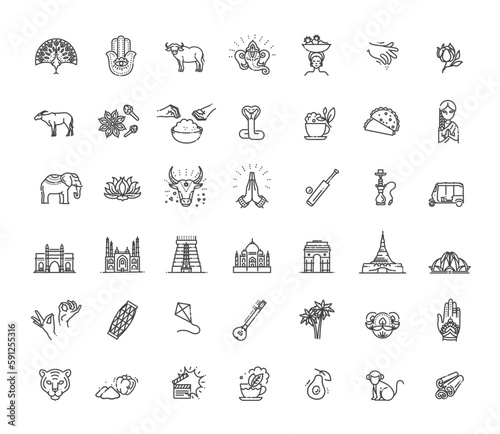 India icons set. Indian attractions, line design. Tourism in India, isolated vector illustration. Traditional symbols