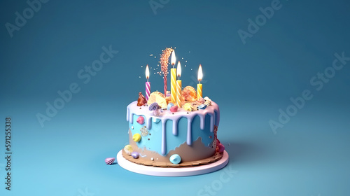 Colorful birthday cake with sprinkles and candles on blue