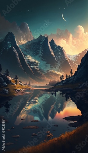 sunset in the mountains wallpaper Generative AI